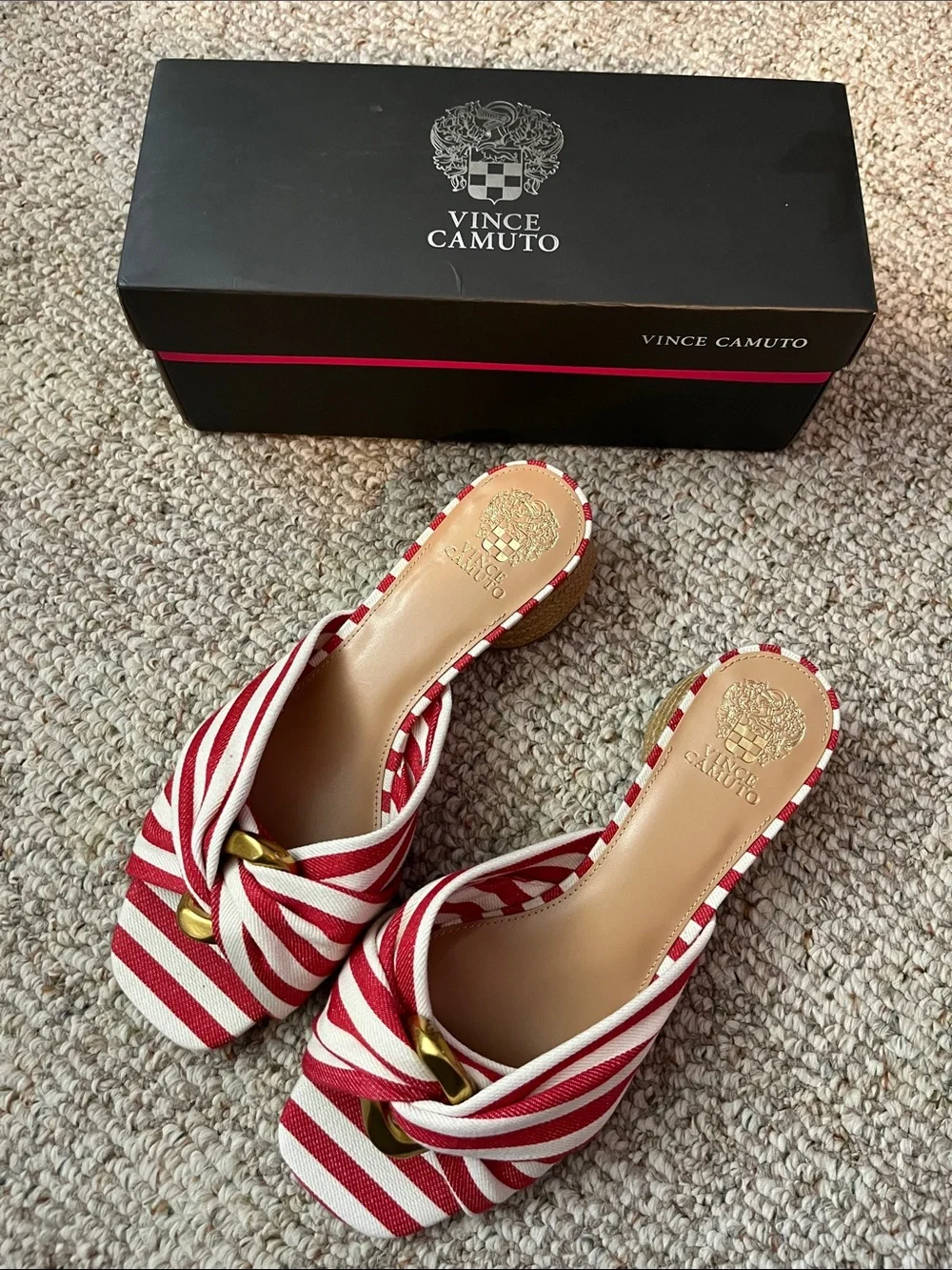 Vince Camuto Red & White Striped Slide Sandals